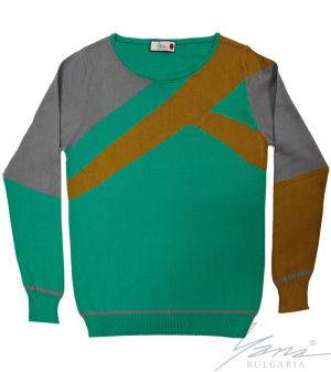 Women's three-color intarsia sweater "O" neckline green