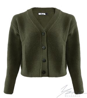 Dámský silný vlněný svetr na knoflíky zelená