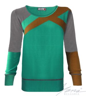 Dámský trikolorní svetr Intarsia s výstřihem do O-neck Green