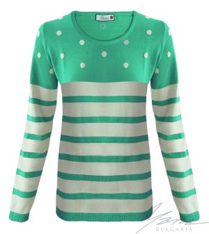 Női kéttónusú intarziás "O" nyakú pulóver zöld